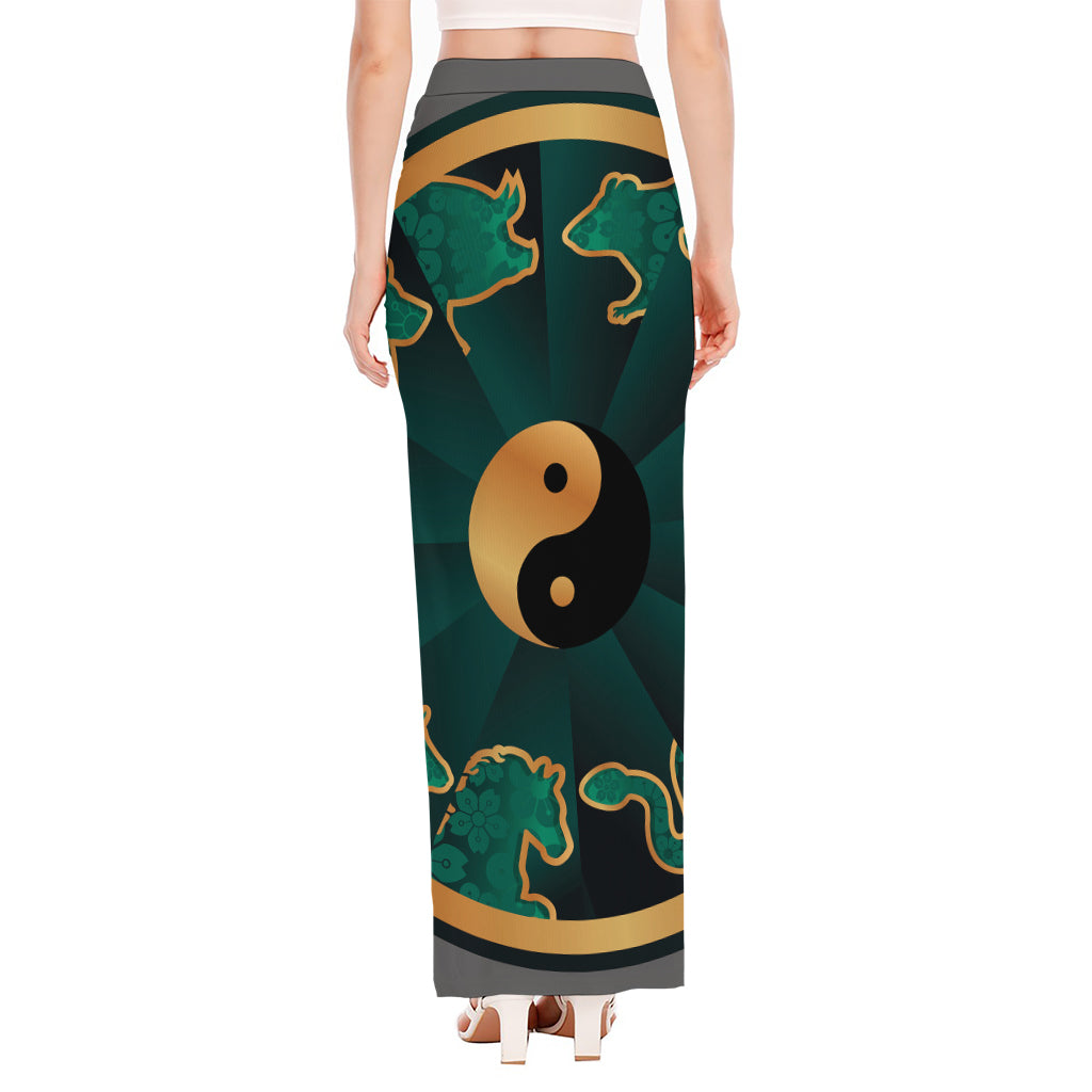 Green And Gold Chinese Zodiac Print High Slit Maxi Skirt