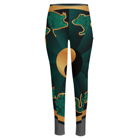 Green And Gold Chinese Zodiac Print High-Waisted Pocket Leggings