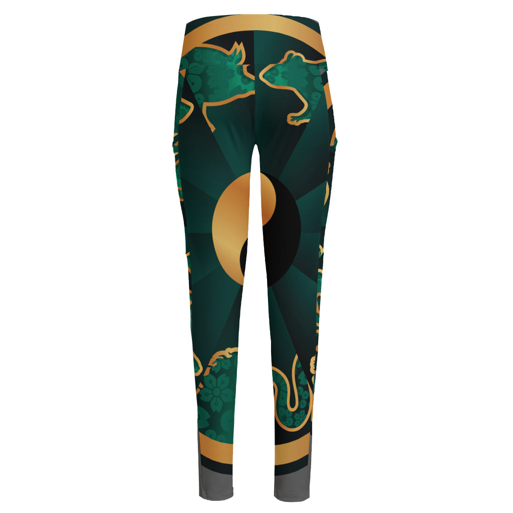 Green And Gold Chinese Zodiac Print High-Waisted Pocket Leggings