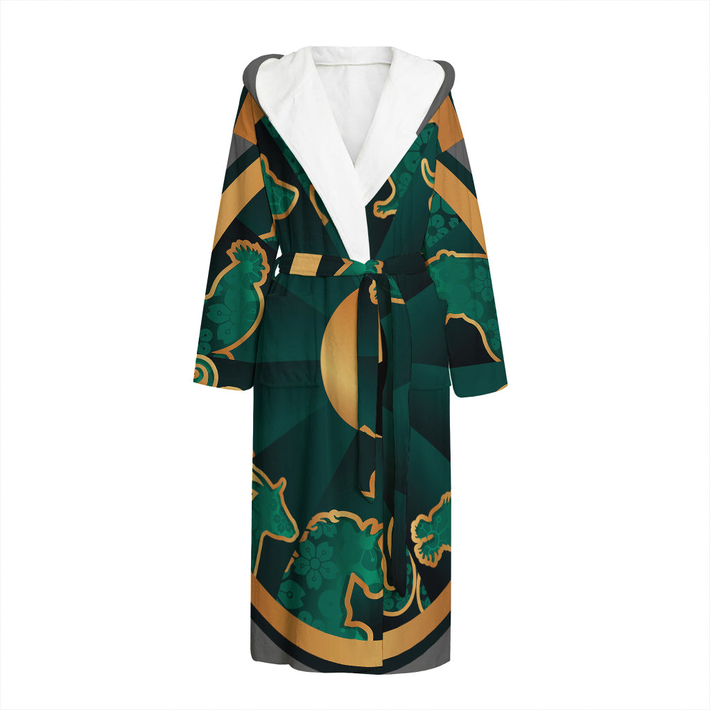 Green And Gold Chinese Zodiac Print Hooded Bathrobe