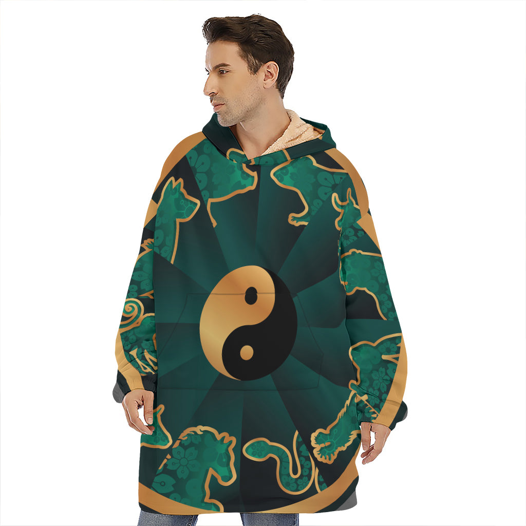 Green And Gold Chinese Zodiac Print Hoodie Blanket