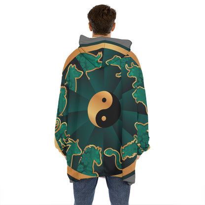 Green And Gold Chinese Zodiac Print Hoodie Blanket