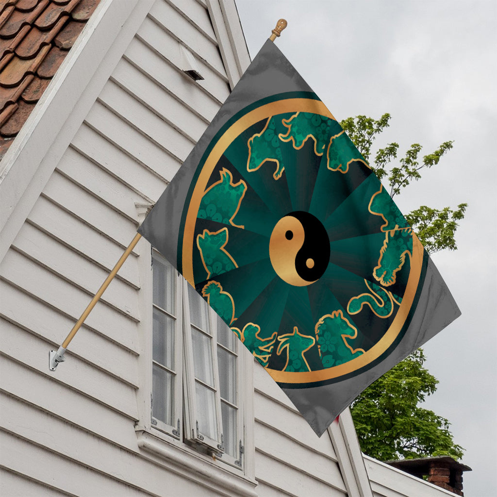 Green And Gold Chinese Zodiac Print House Flag