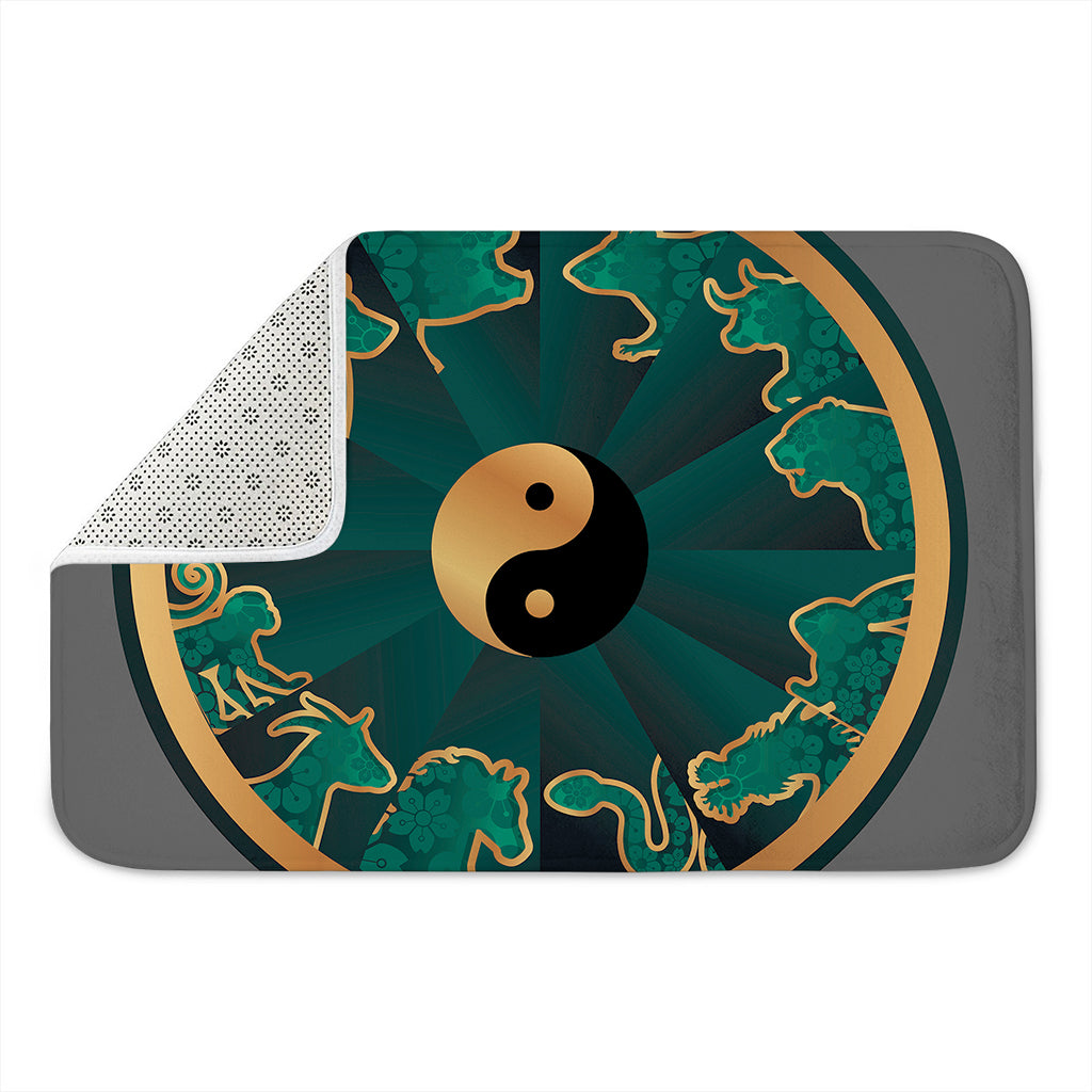 Green And Gold Chinese Zodiac Print Indoor Door Mat