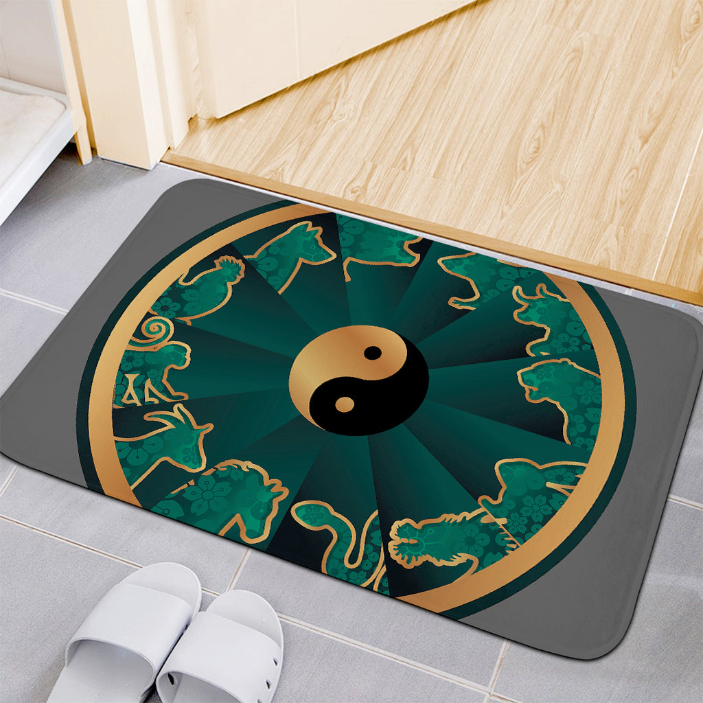 Green And Gold Chinese Zodiac Print Indoor Door Mat