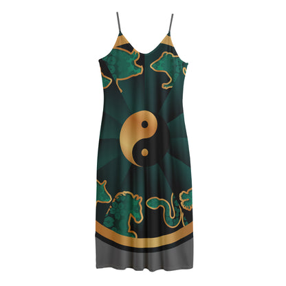 Green And Gold Chinese Zodiac Print Jersey Midi Cami Dress