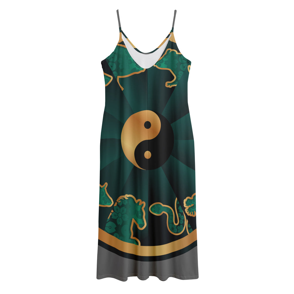 Green And Gold Chinese Zodiac Print Jersey Midi Cami Dress
