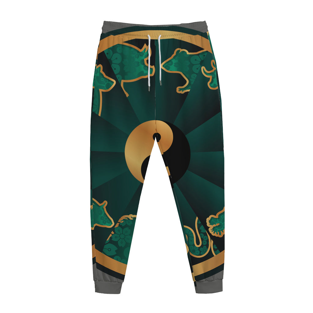 Green And Gold Chinese Zodiac Print Jogger Pants
