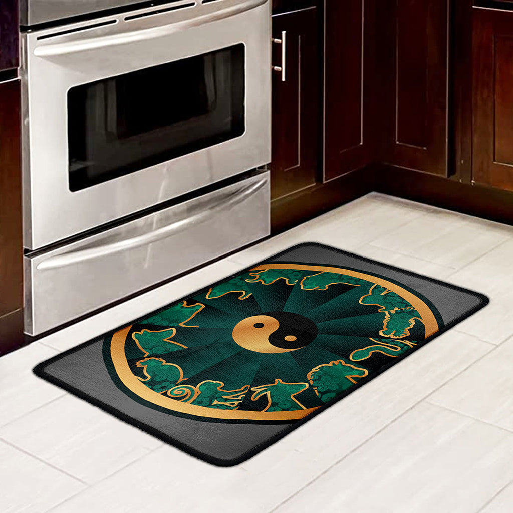 Green And Gold Chinese Zodiac Print Kitchen Mat