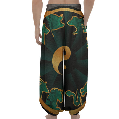 Green And Gold Chinese Zodiac Print Lantern Pants