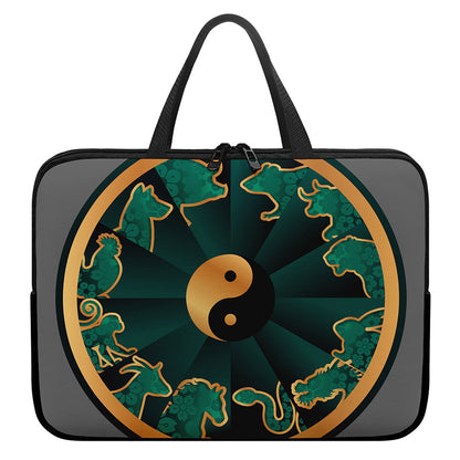 Green And Gold Chinese Zodiac Print Laptop Sleeve With Handle
