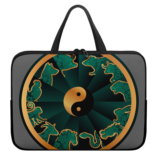 Green And Gold Chinese Zodiac Print Laptop Sleeve With Handle