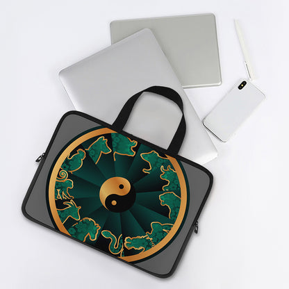 Green And Gold Chinese Zodiac Print Laptop Sleeve With Handle