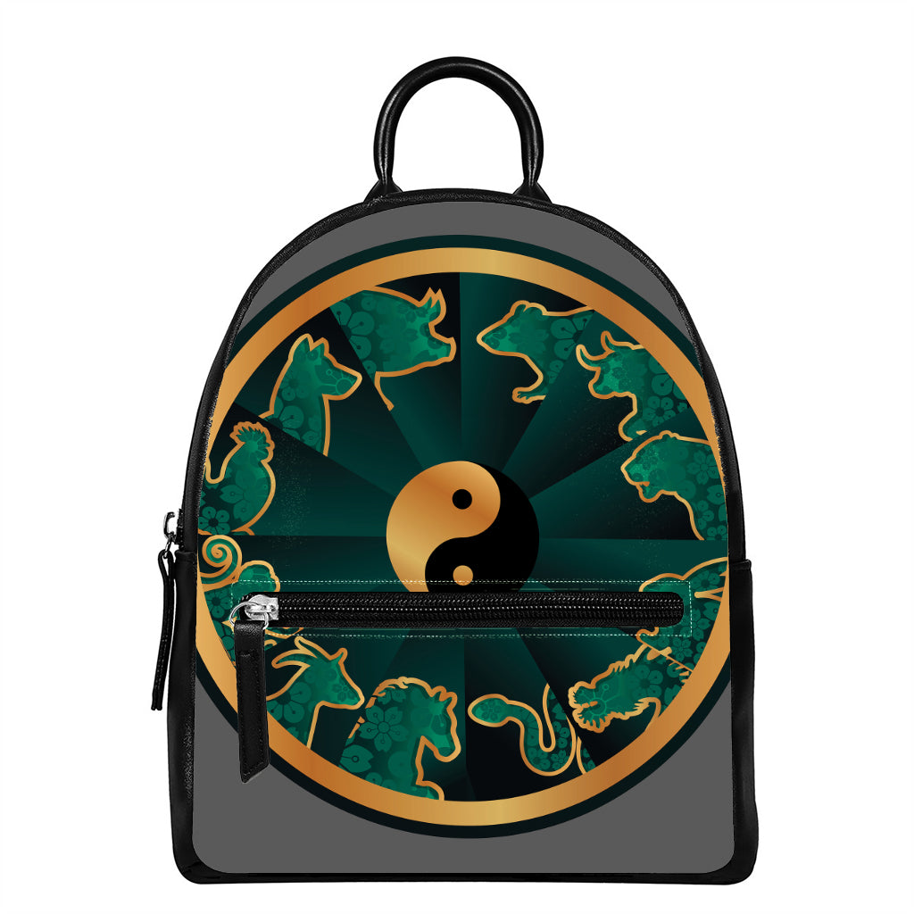 Green And Gold Chinese Zodiac Print Leather Backpack