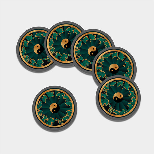 Green And Gold Chinese Zodiac Print Leather Coaster Set
