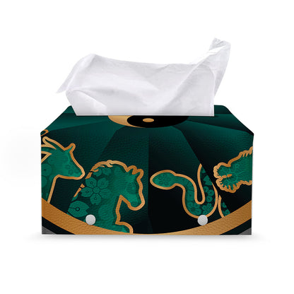 Green And Gold Chinese Zodiac Print Leather Tissue Box Cover