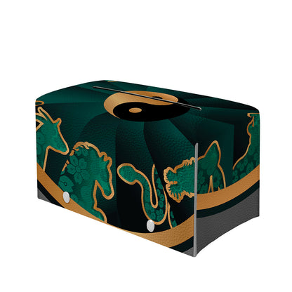 Green And Gold Chinese Zodiac Print Leather Tissue Box Cover