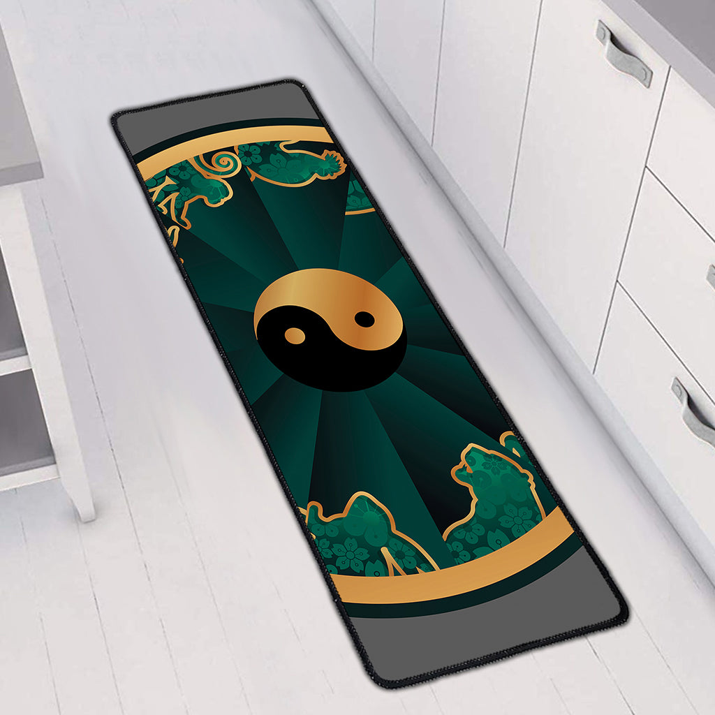 Green And Gold Chinese Zodiac Print Long Kitchen Mat