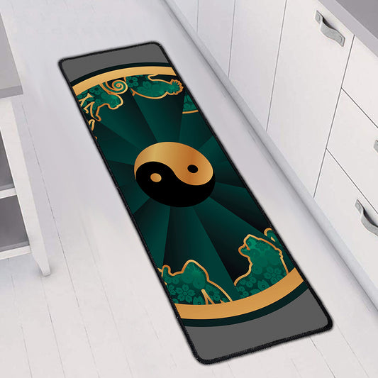 Green And Gold Chinese Zodiac Print Long Kitchen Mat