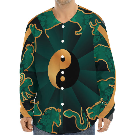 Green And Gold Chinese Zodiac Print Long Sleeve Baseball Jersey
