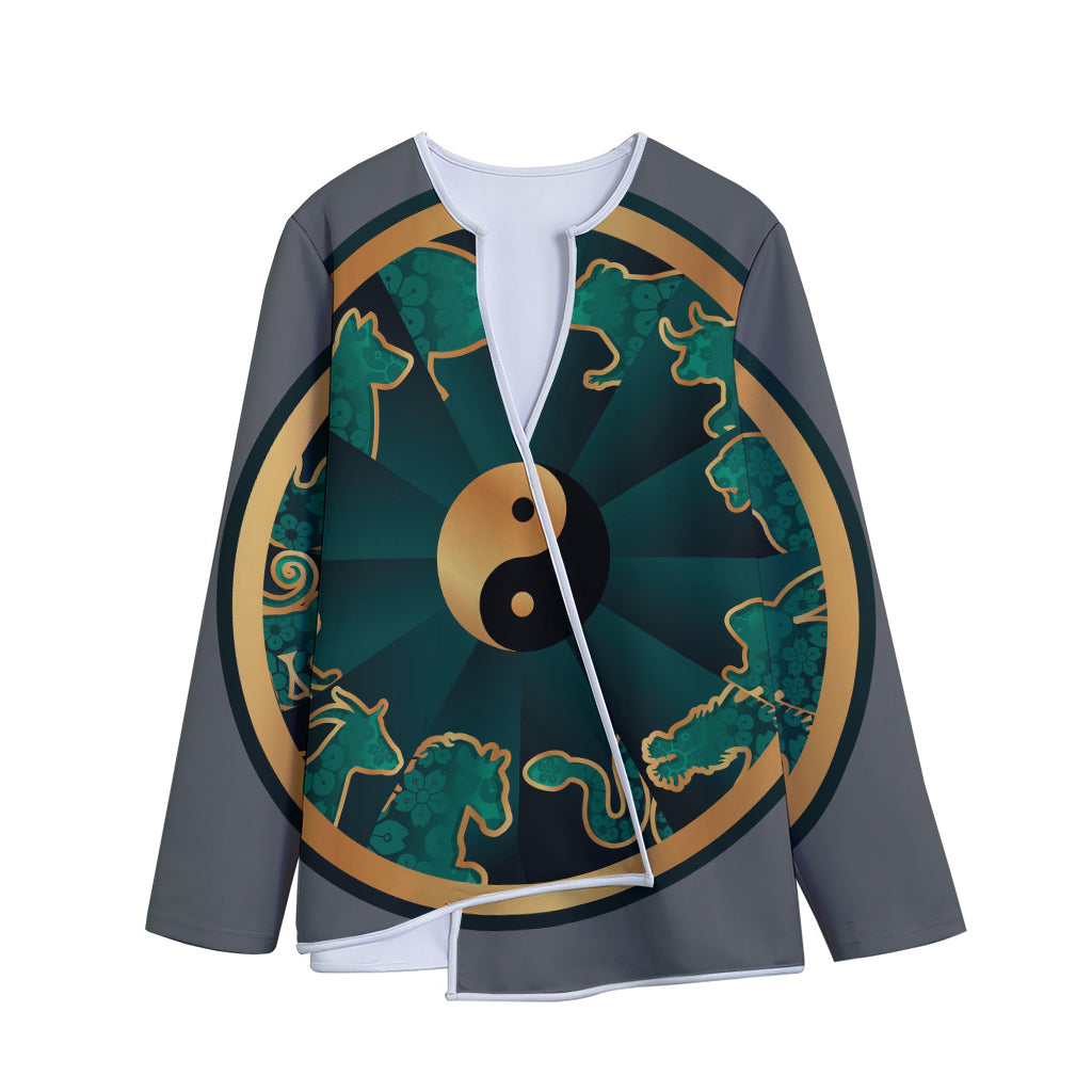 Green And Gold Chinese Zodiac Print Long Sleeve Short Coat