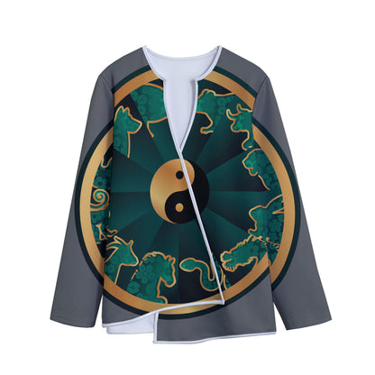Green And Gold Chinese Zodiac Print Long Sleeve Short Coat