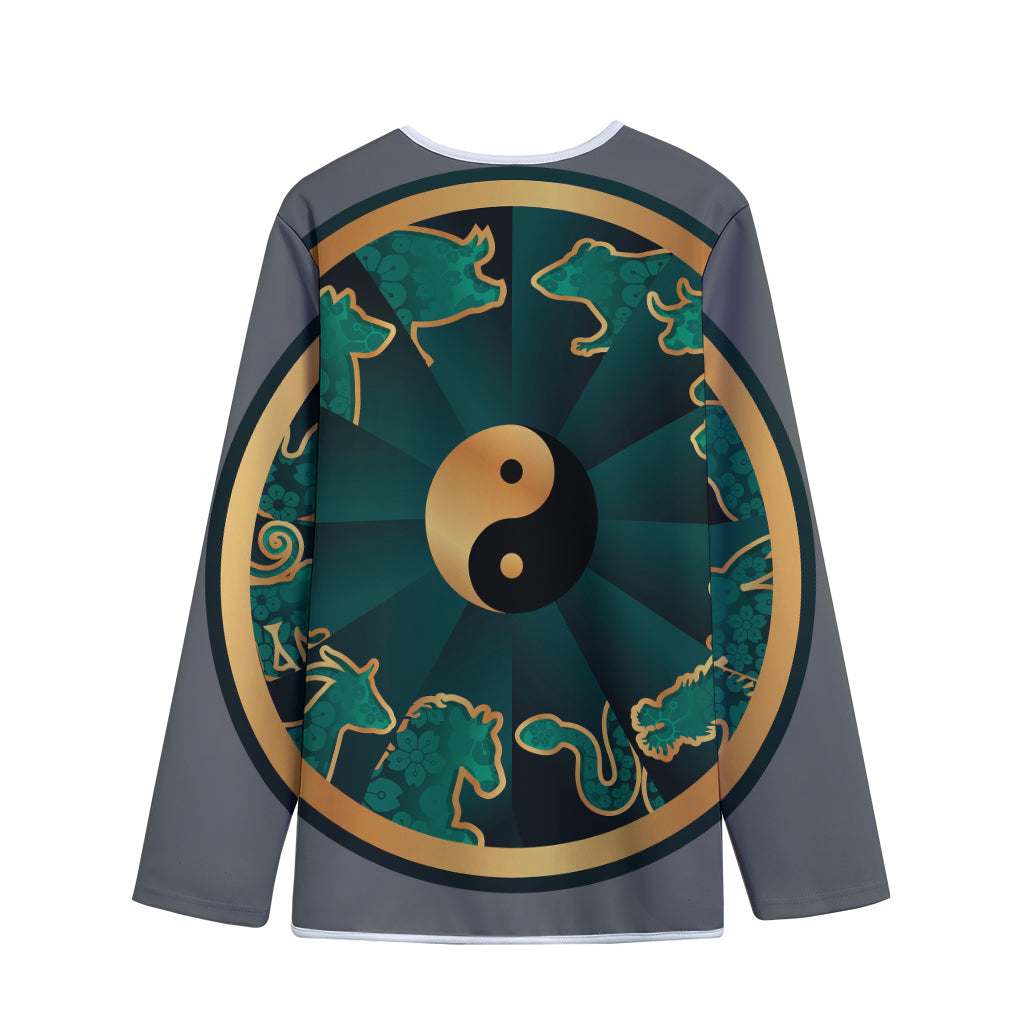 Green And Gold Chinese Zodiac Print Long Sleeve Short Coat