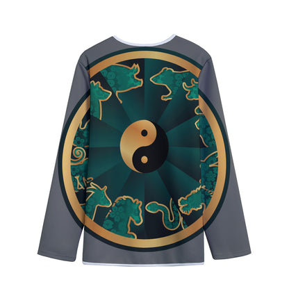 Green And Gold Chinese Zodiac Print Long Sleeve Short Coat