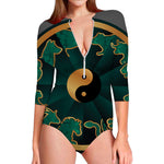 Green And Gold Chinese Zodiac Print Long Sleeve Swimsuit