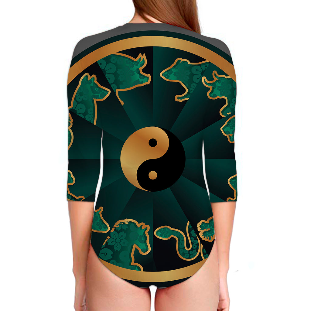 Green And Gold Chinese Zodiac Print Long Sleeve Swimsuit
