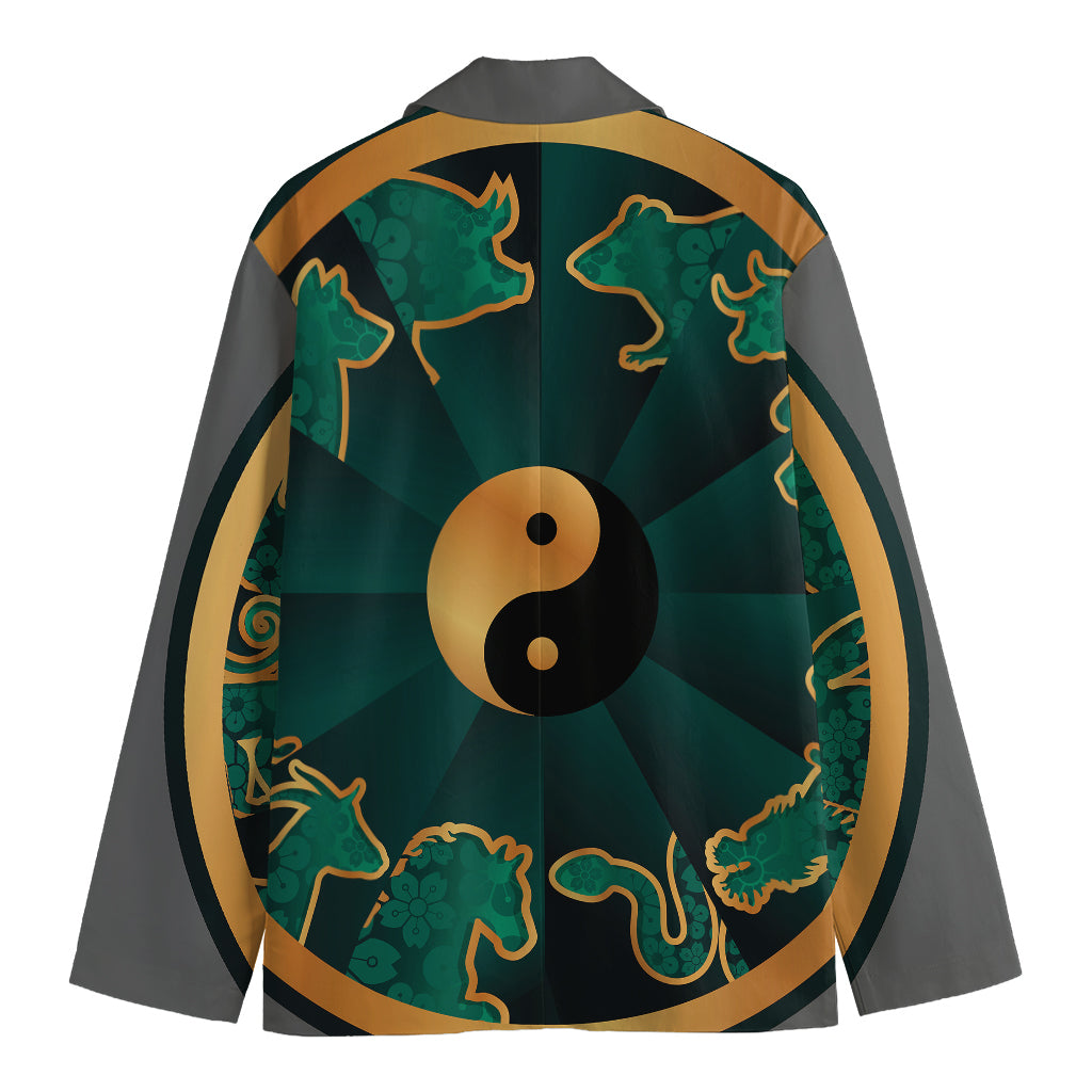 Green And Gold Chinese Zodiac Print Men's Blazer