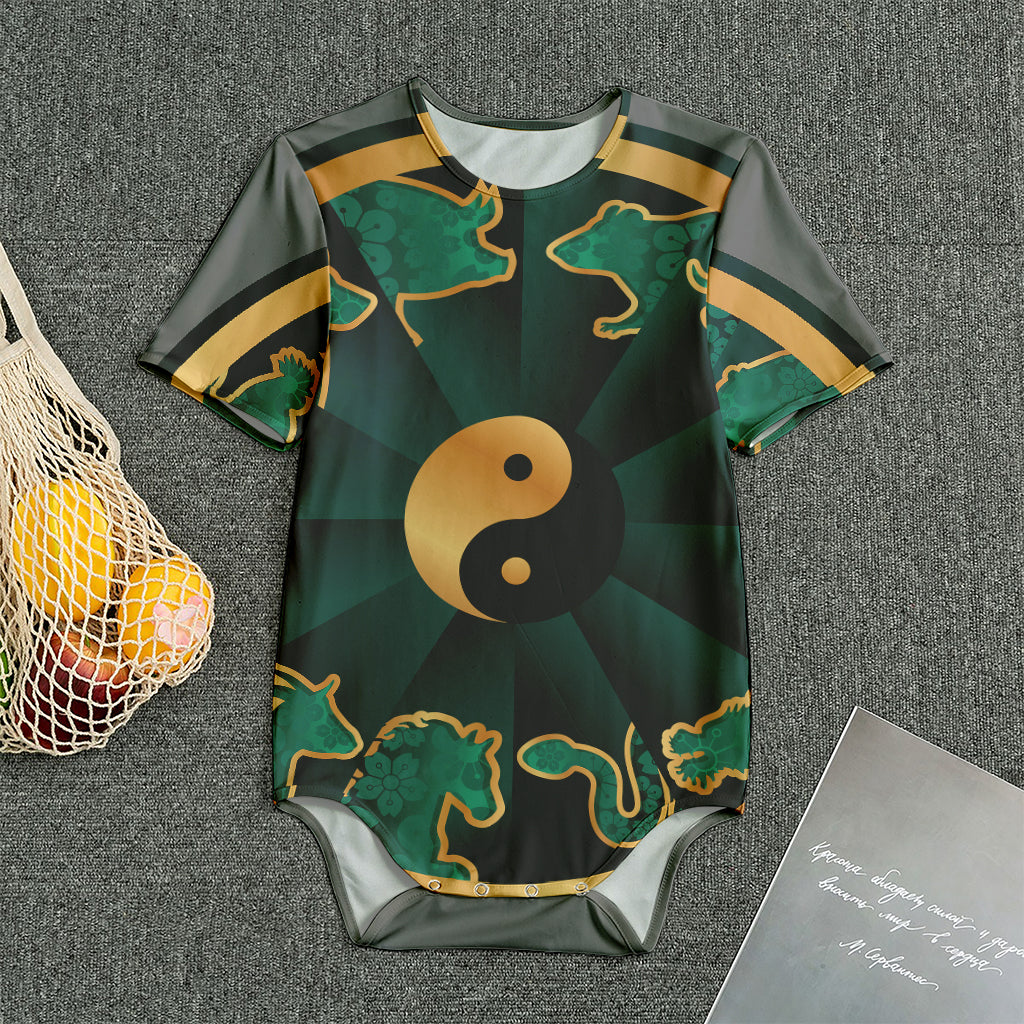 Green And Gold Chinese Zodiac Print Men's Bodysuit