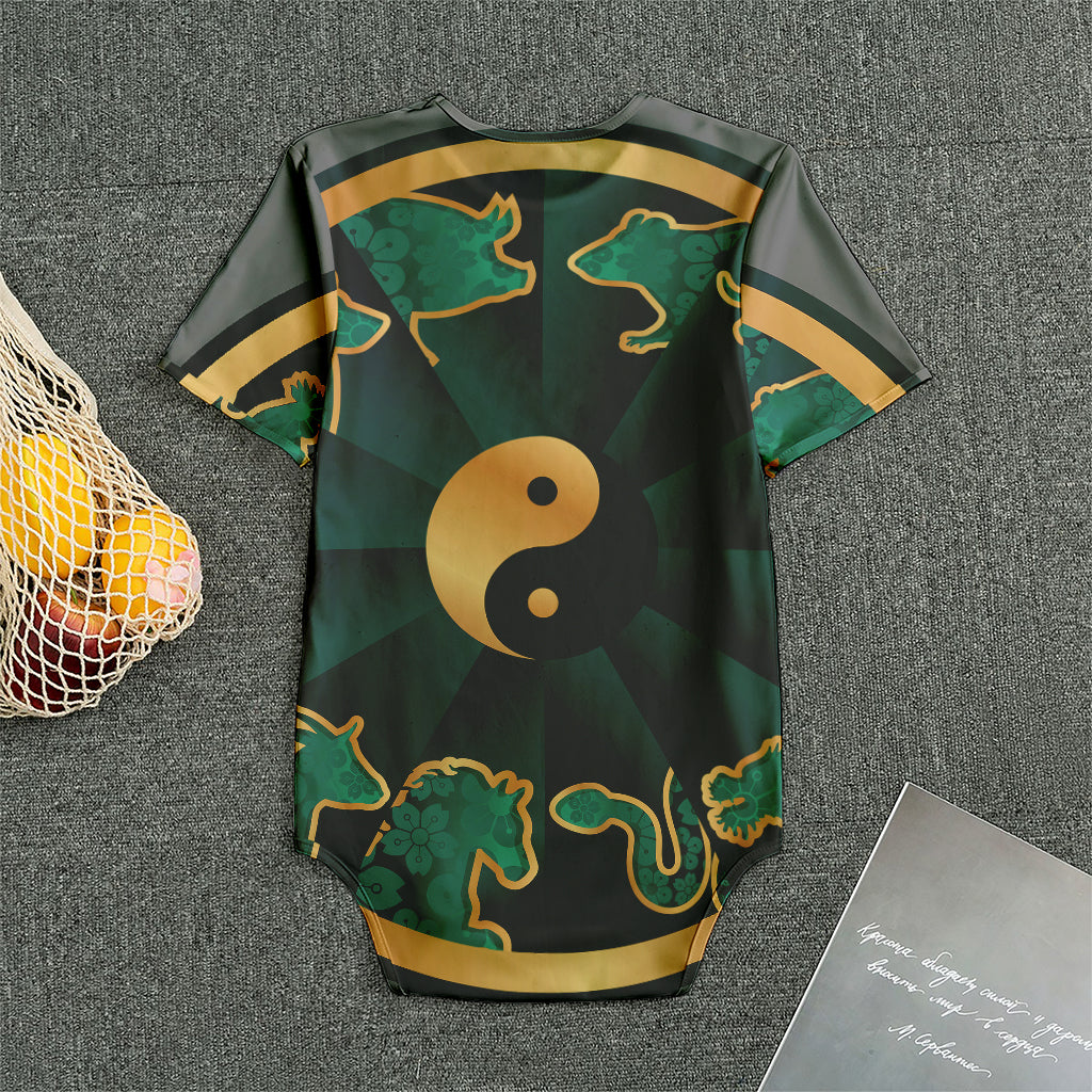 Green And Gold Chinese Zodiac Print Men's Bodysuit
