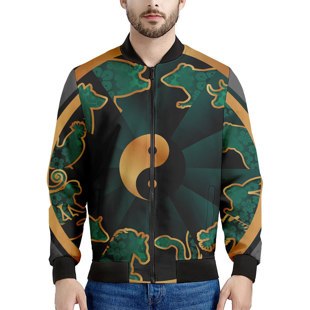 Green And Gold Chinese Zodiac Print Men's Bomber Jacket