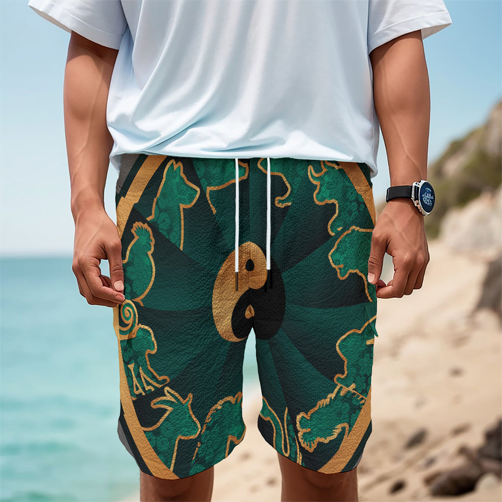 Green And Gold Chinese Zodiac Print Men's Cargo Shorts