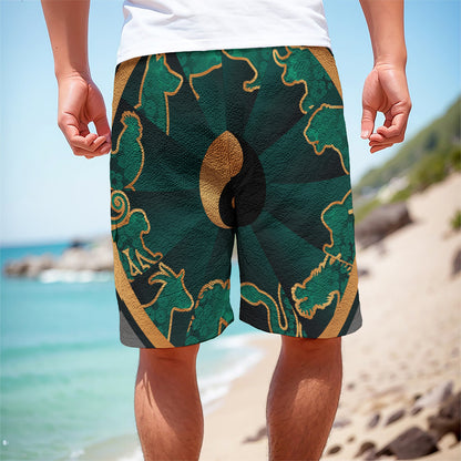 Green And Gold Chinese Zodiac Print Men's Cargo Shorts