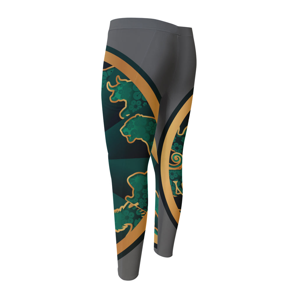 Green And Gold Chinese Zodiac Print Men's Compression Pants