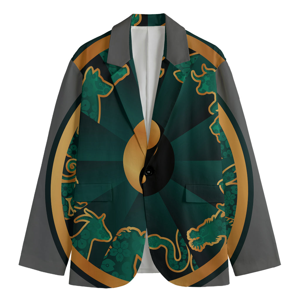 Green And Gold Chinese Zodiac Print Men's Cotton Blazer