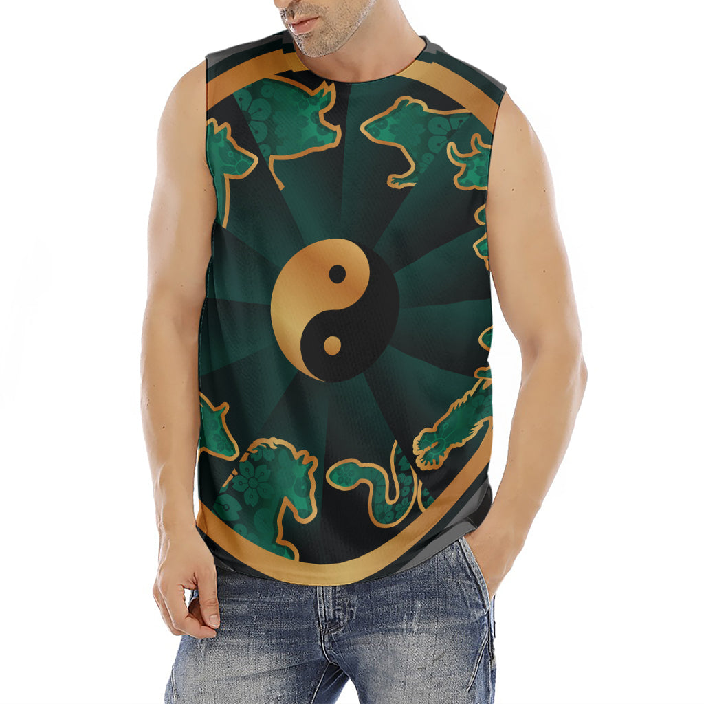 Green And Gold Chinese Zodiac Print Men's Fitness Tank Top