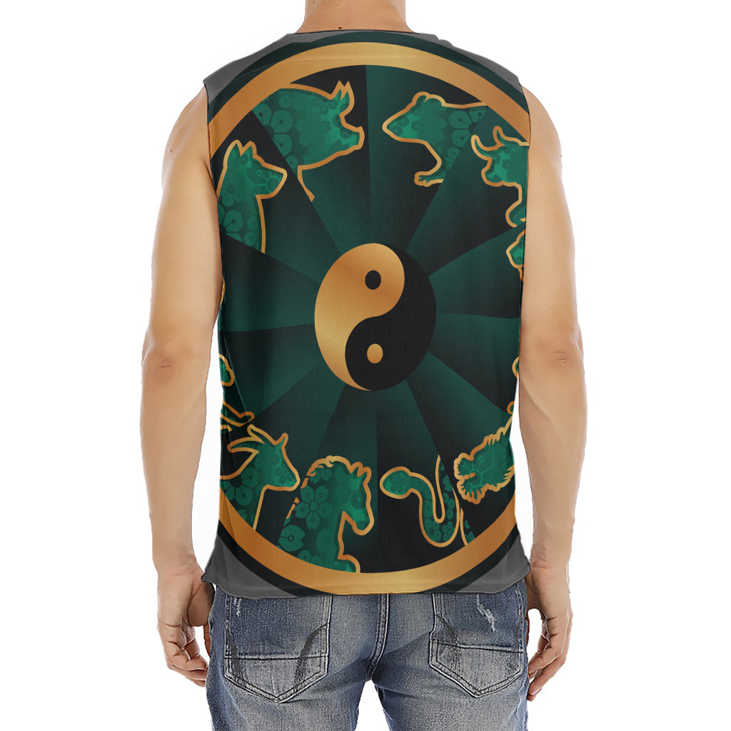 Green And Gold Chinese Zodiac Print Men's Fitness Tank Top