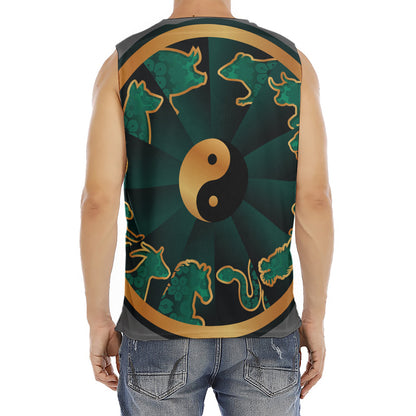 Green And Gold Chinese Zodiac Print Men's Fitness Tank Top