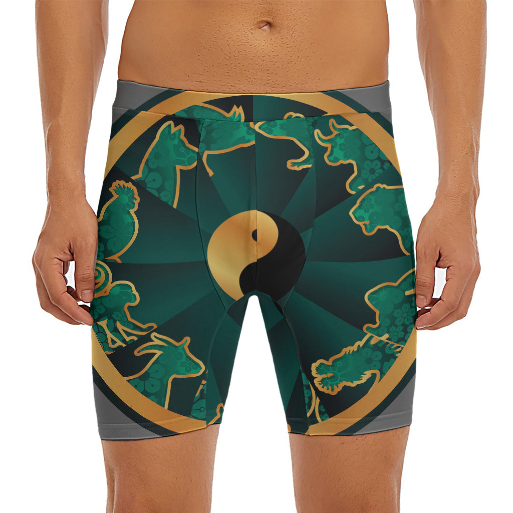 Green And Gold Chinese Zodiac Print Men's Long Boxer Briefs