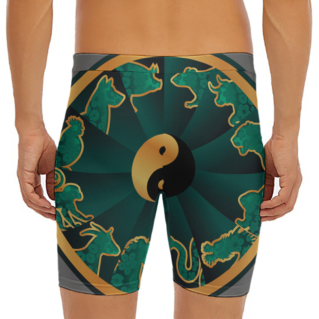 Green And Gold Chinese Zodiac Print Men's Long Boxer Briefs