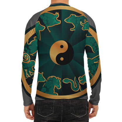 Green And Gold Chinese Zodiac Print Men's Long Sleeve Rash Guard