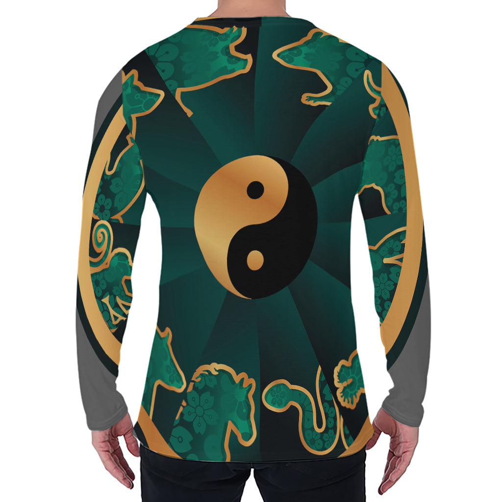 Green And Gold Chinese Zodiac Print Men's Long Sleeve T-Shirt