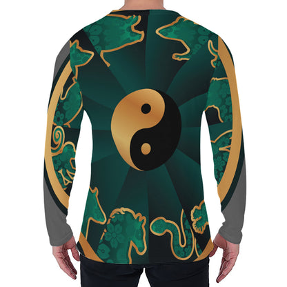 Green And Gold Chinese Zodiac Print Men's Long Sleeve T-Shirt