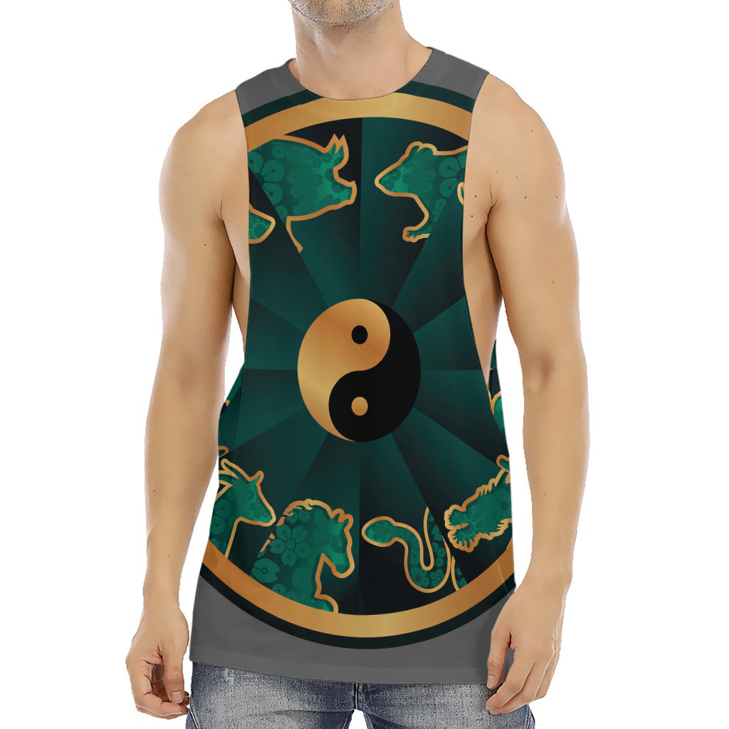 Green And Gold Chinese Zodiac Print Men's Muscle Tank Top