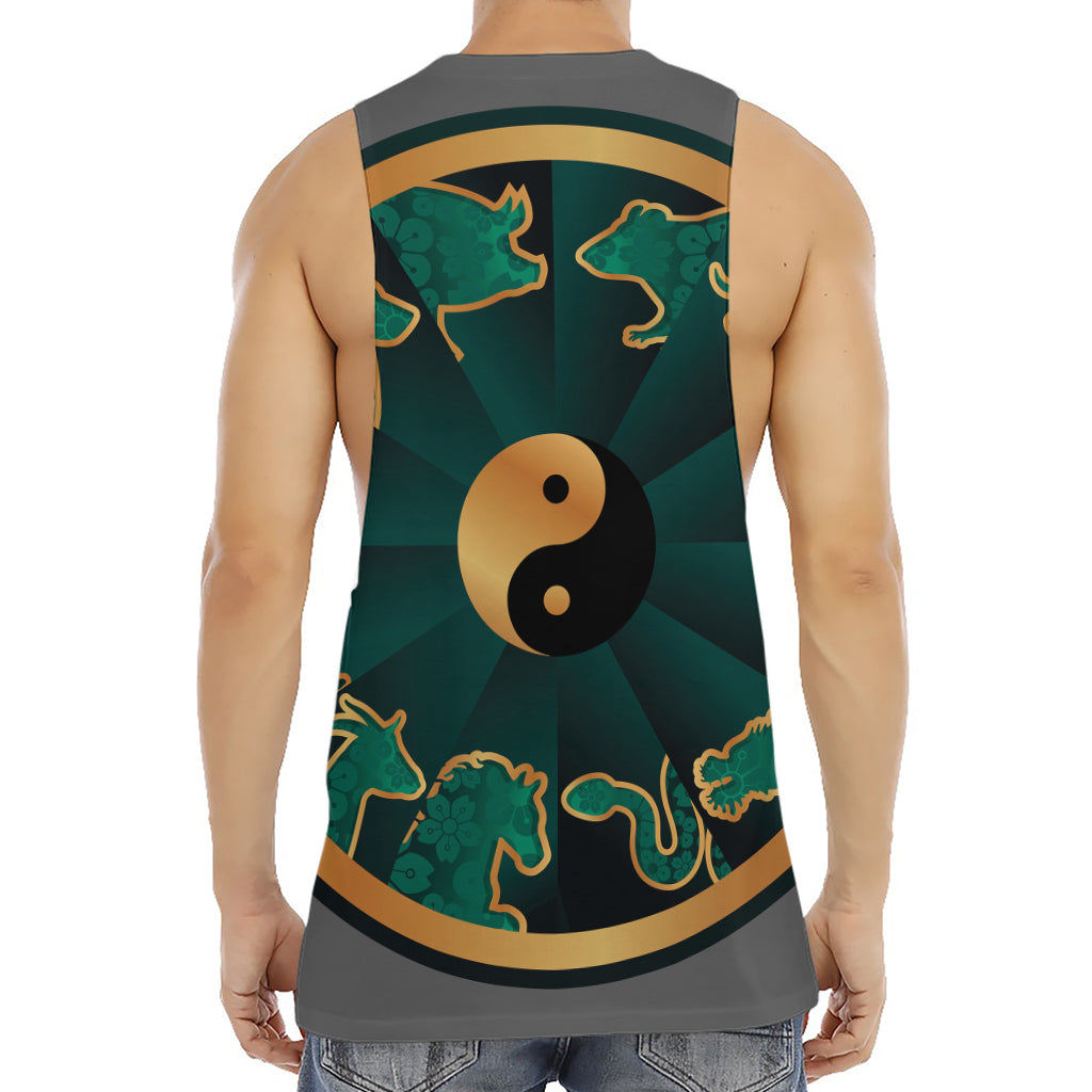 Green And Gold Chinese Zodiac Print Men's Muscle Tank Top