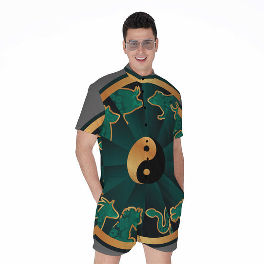 Green And Gold Chinese Zodiac Print Men's Rompers