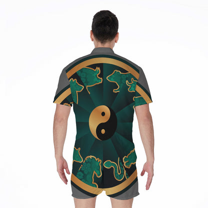 Green And Gold Chinese Zodiac Print Men's Rompers